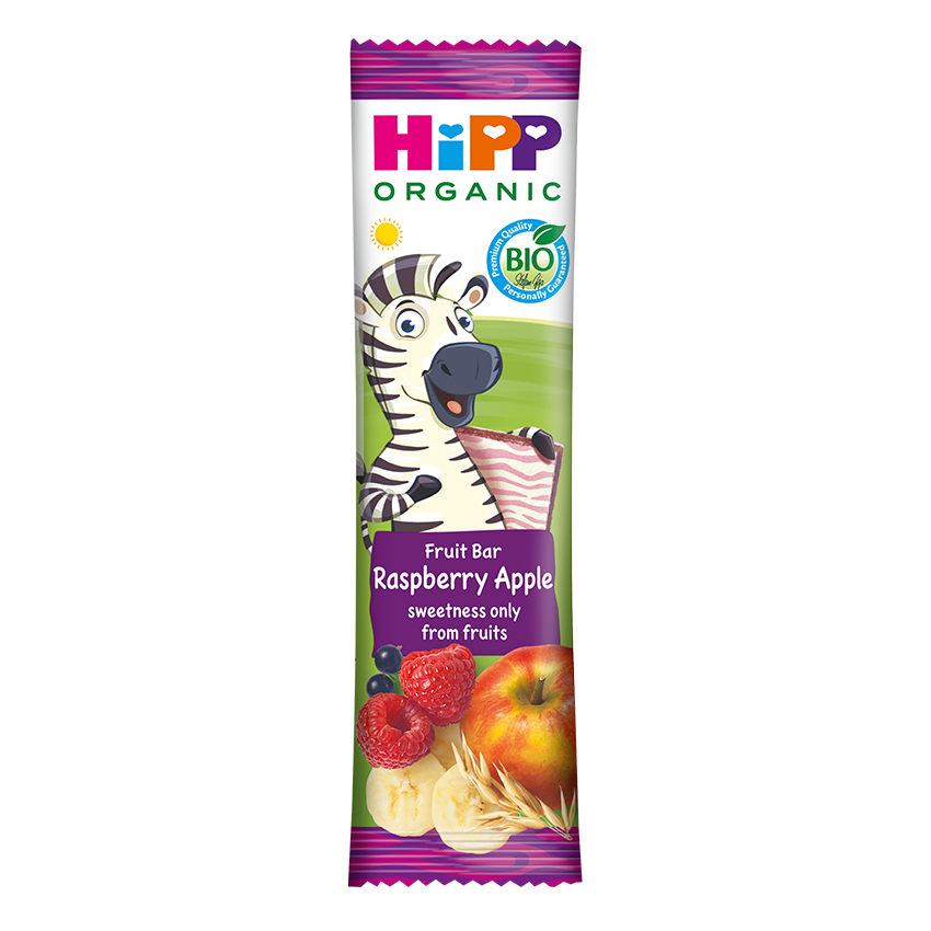 En fruktbar med en zebrakaraktär, märkt som ekologisk och bio, med smaken "Raspberry Apple" och en slogan om att sötman endast kommer från frukter.